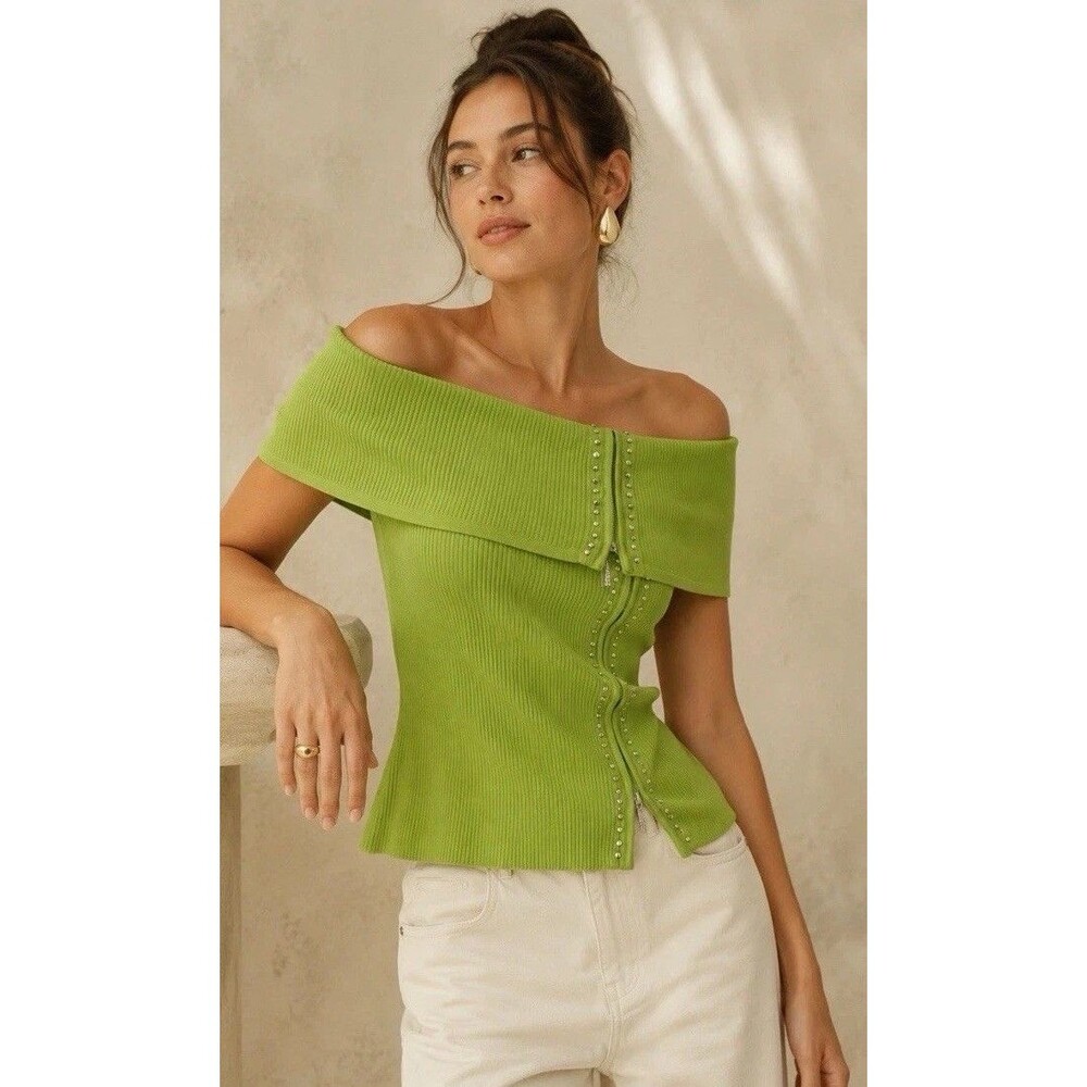 Women’s Top Cache Y2K Neon Studded Off Shoulder Ribbed Knit Green Sz S